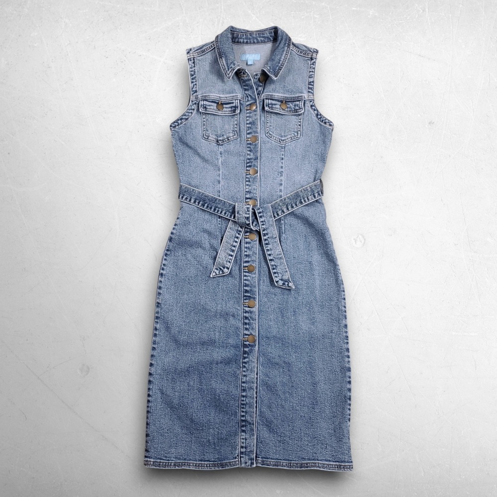 Draper James RSVP Sleeveless Denim Shirt Dress XS Blue Stretch Tie Belt Preppy - Picture 1 of 10